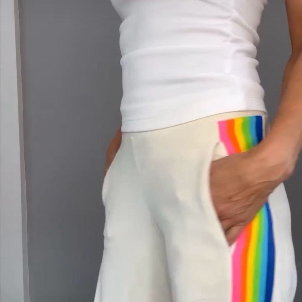 Cream velour track pants with Rainbow Stripe and velour hoodie